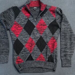 Carbon Men's Zip Up Sweater - Red and Gray Argyle